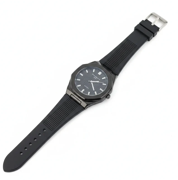 A black analog watch with a textured strap, black case, and a dark blue dial, shown vertically against a plain white background.