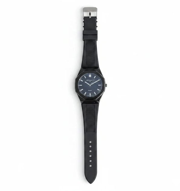 Black luxury watch for men with elegant dial and black rubber strap.
