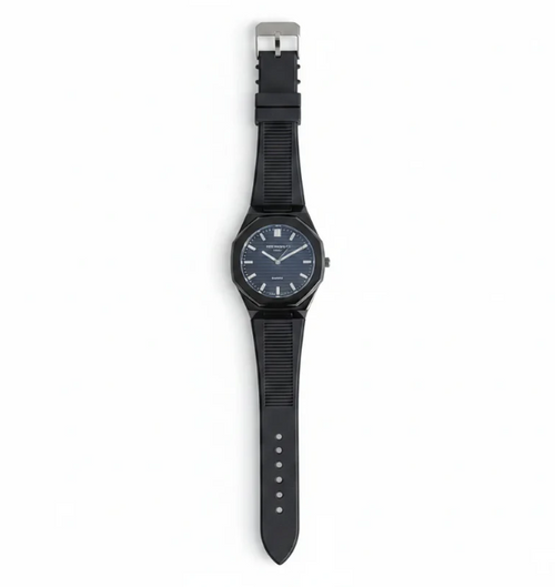 Black luxury watch for men with elegant dial and black rubber strap.