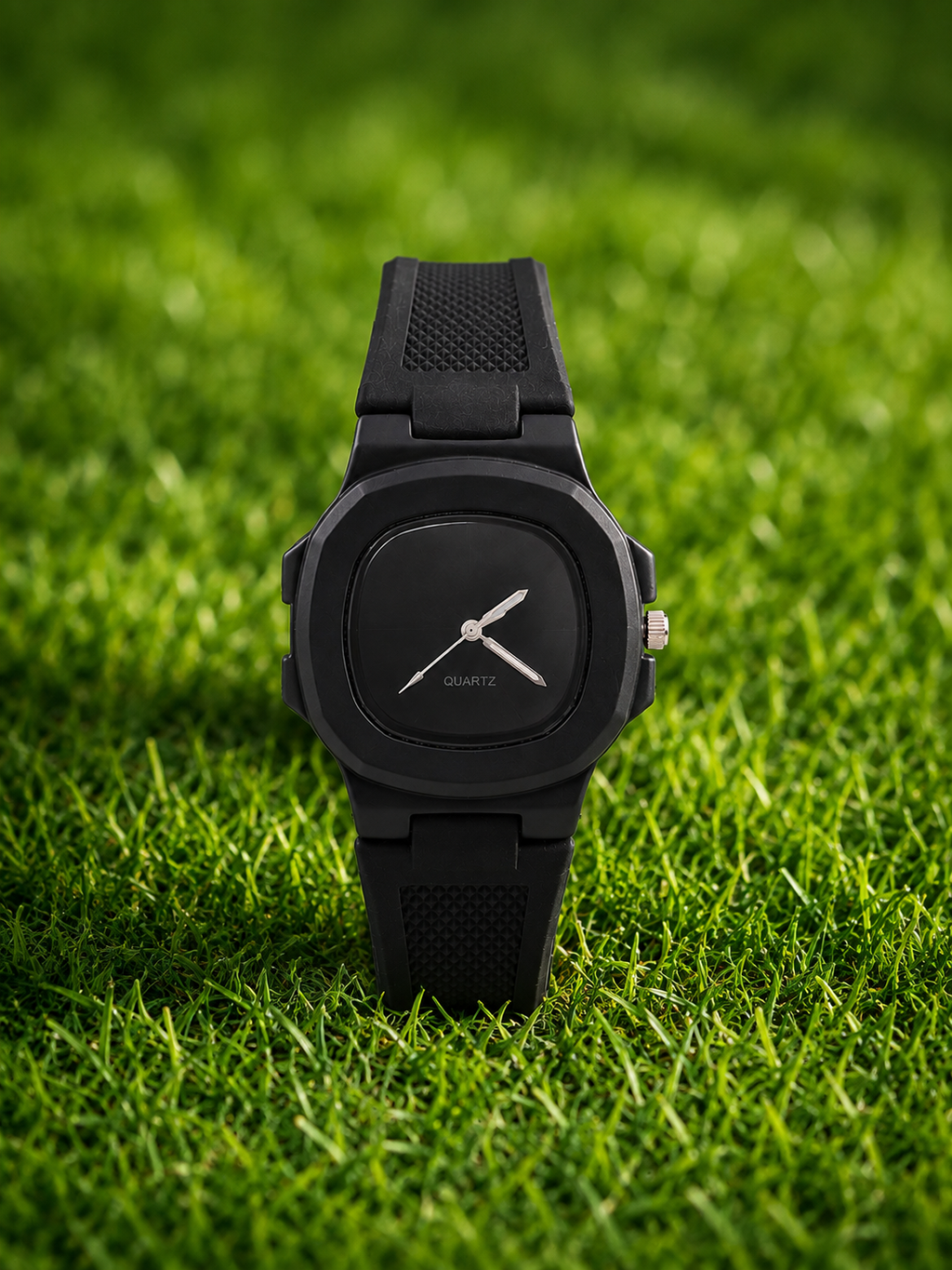 A minimalist black analog watch with a textured strap and a square black dial, standing upright on a bed of green grass.