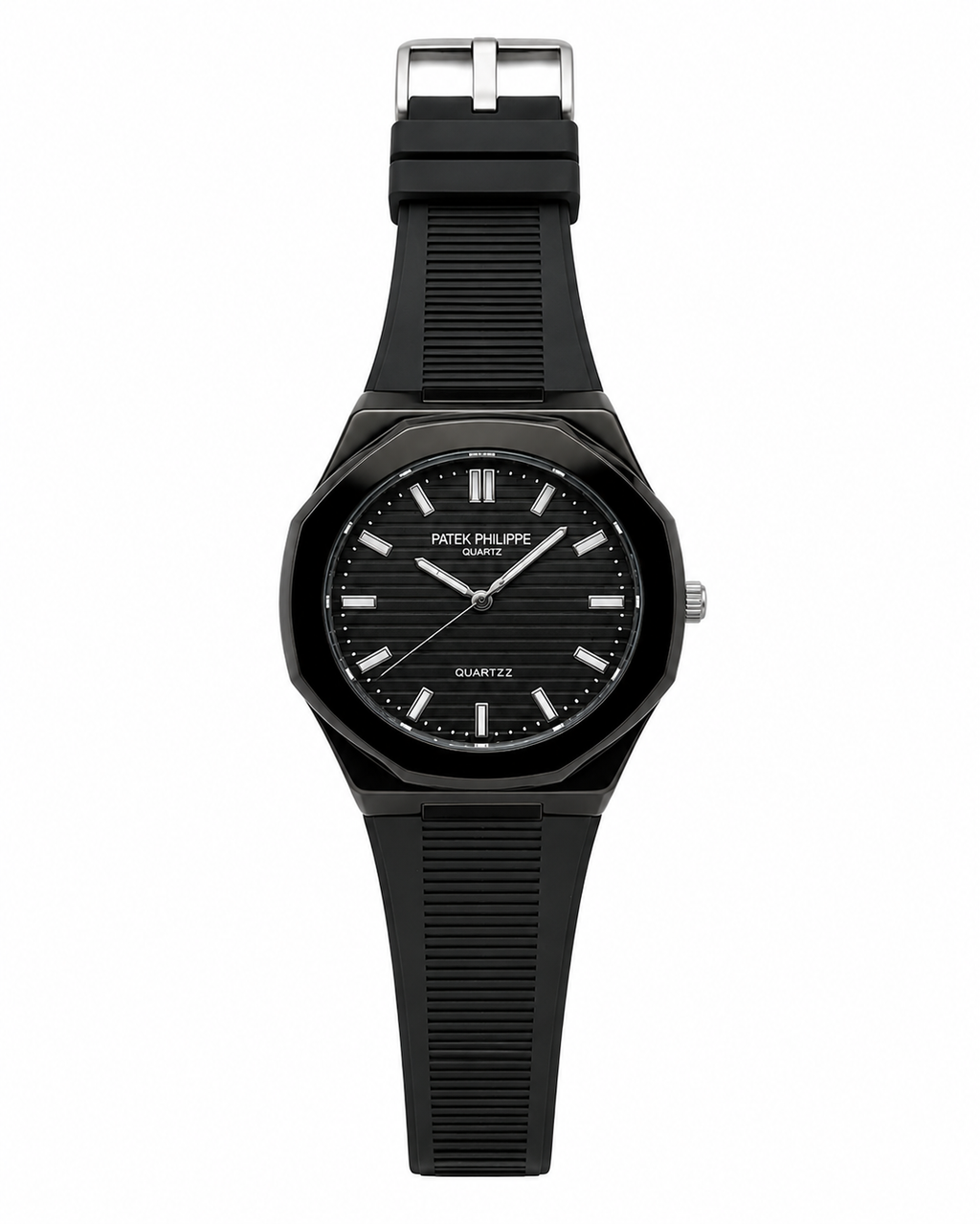 A black octagonal case, black dial, and a textured black silicone strap, shown against a plain white background.