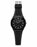 A black octagonal case, black dial, and a textured black silicone strap, shown against a plain white background.