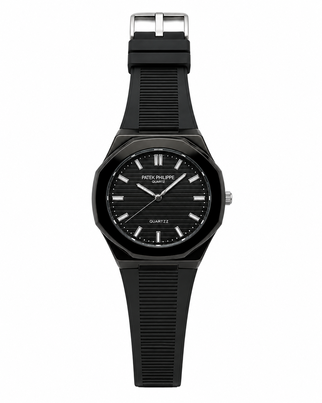 A black octagonal case, black dial, and a textured black silicone strap, shown against a plain white background.
