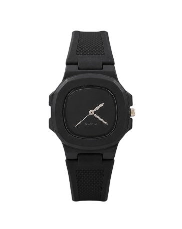 A minimalist black analog watch with a textured strap, a rounded rectangular case, and silver-tone hands on a solid white background.