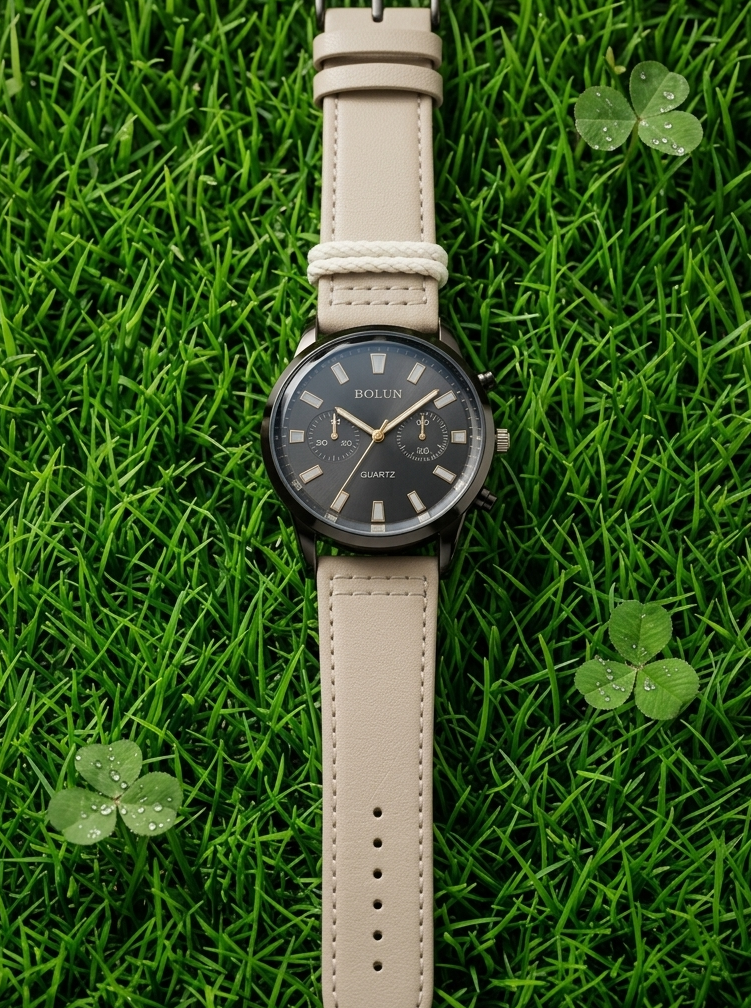 luxury blue chronograph watch with beige leather strap