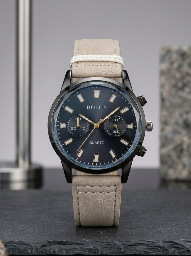 Men’s luxury blue chronograph watch with beige leather strap