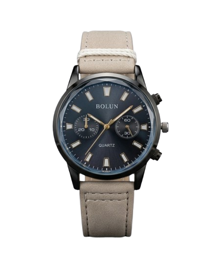 A Bolun quartz watch with a dark blue dial, black case, and a light beige leather strap, shown against a plain white background.