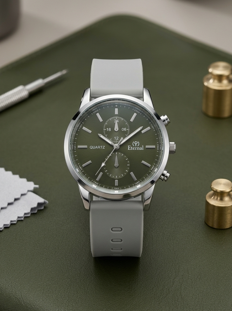 Men’s premium grey chronograph watch with silicone strap on green grass.