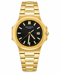 A gold-tone stainless steel wristwatch with a black dial, featuring gold-tone hour markers and hands, and a date window at 3 o'clock. The brand name  is printed on the dial.