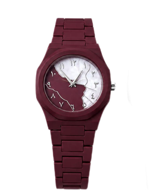 A wristwatch with a dark burgundy metal link band and matching case, featuring a white dial with Arabic numerals and a split design.