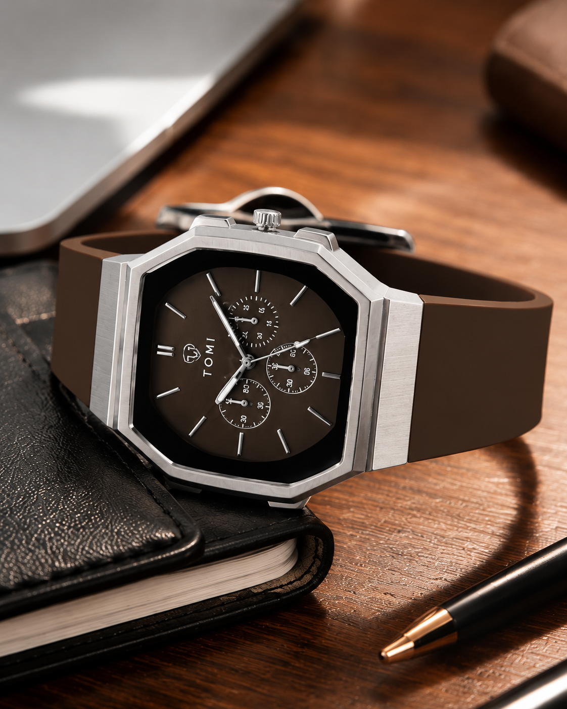 A TOMI men's watch with an octagonal silver-tone case, dark brown dial, and brown leather strap, styled on a wooden desk next to a black notebook and pen.