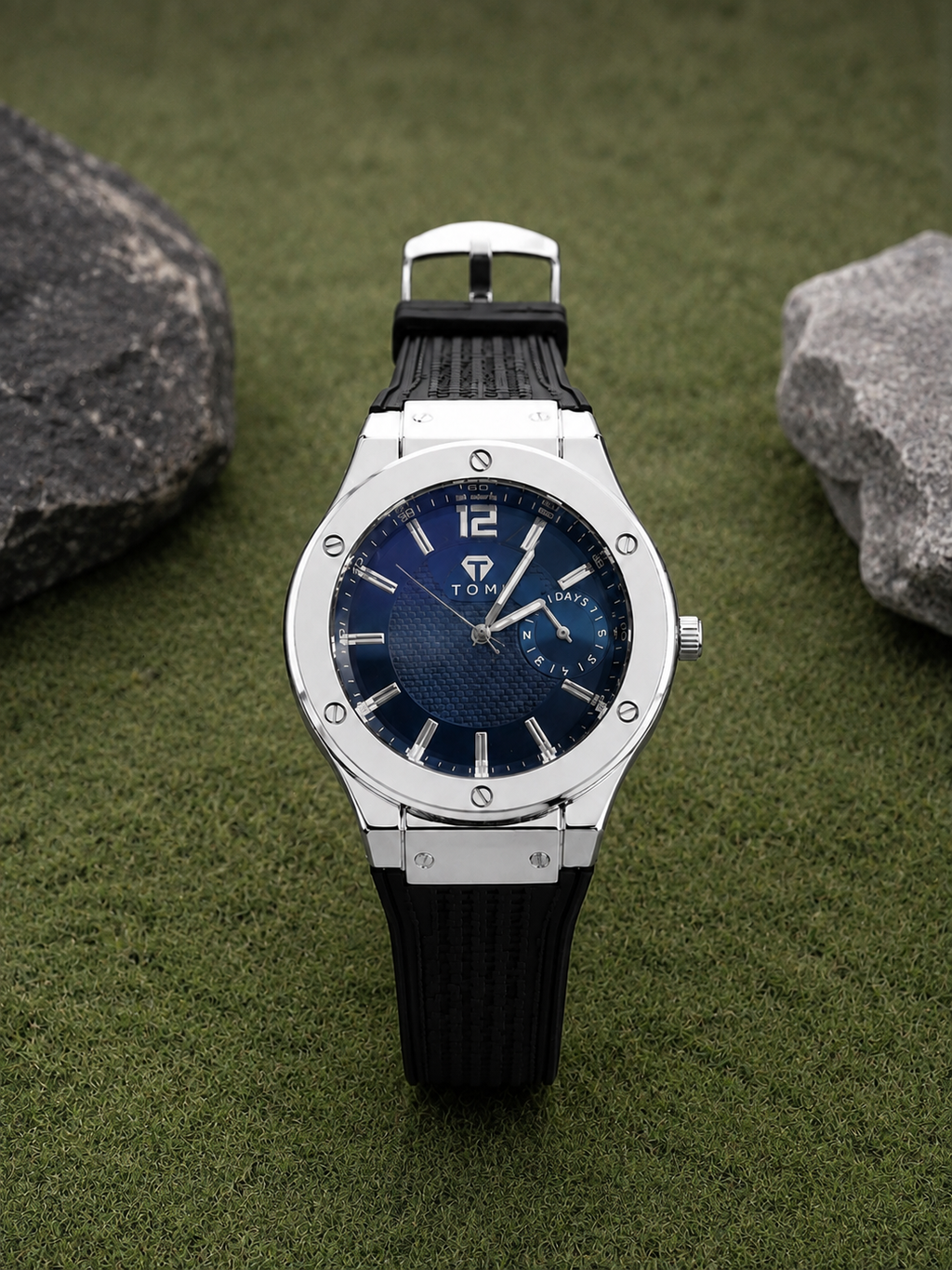 TOMI luxury blue dial men's watch with stainless steel case and black strap