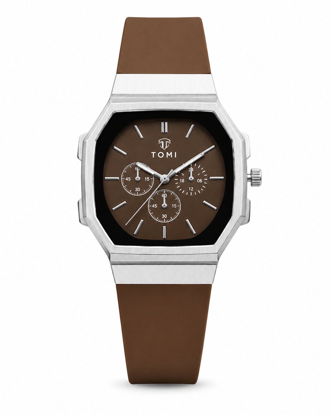 A TOMI men's watch featuring a silver-tone stainless steel case, a brown dial with three subdials, and a matching brown silicone strap, shown against a plain white background.