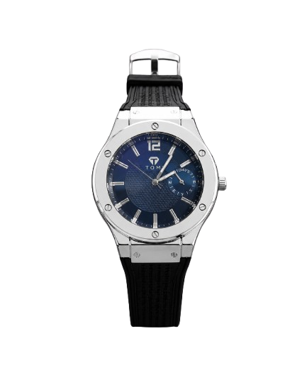 A Tomi brand analog watch with a silver-tone stainless steel case, a textured dark blue dial, and a black textured strap, shown against a plain white background.