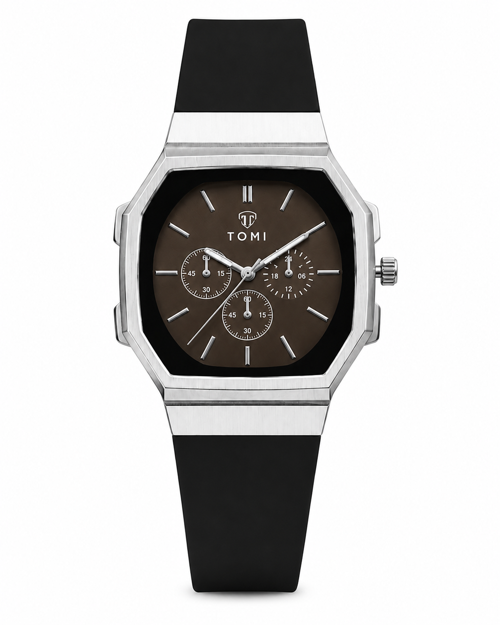A Tomi analog watch with a silver-tone octagonal case, a dark brown dial with three subdials, and a black silicone strap, shown against a plain white background.