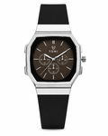 A Tomi analog watch with a silver-tone octagonal case, a dark brown dial with three subdials, and a black silicone strap, shown against a plain white background.