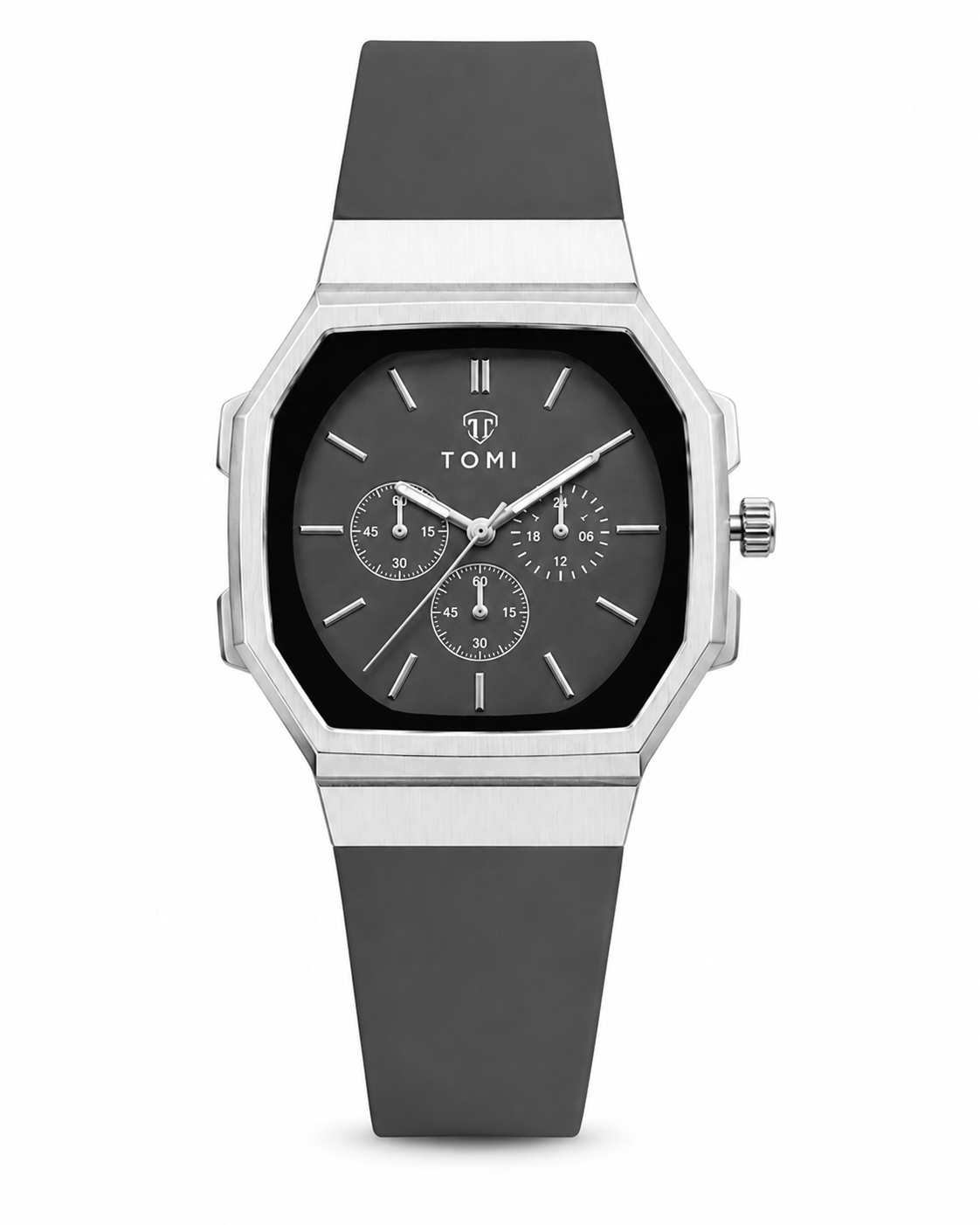 Black and silver luxury chronograph watch for men with black strap