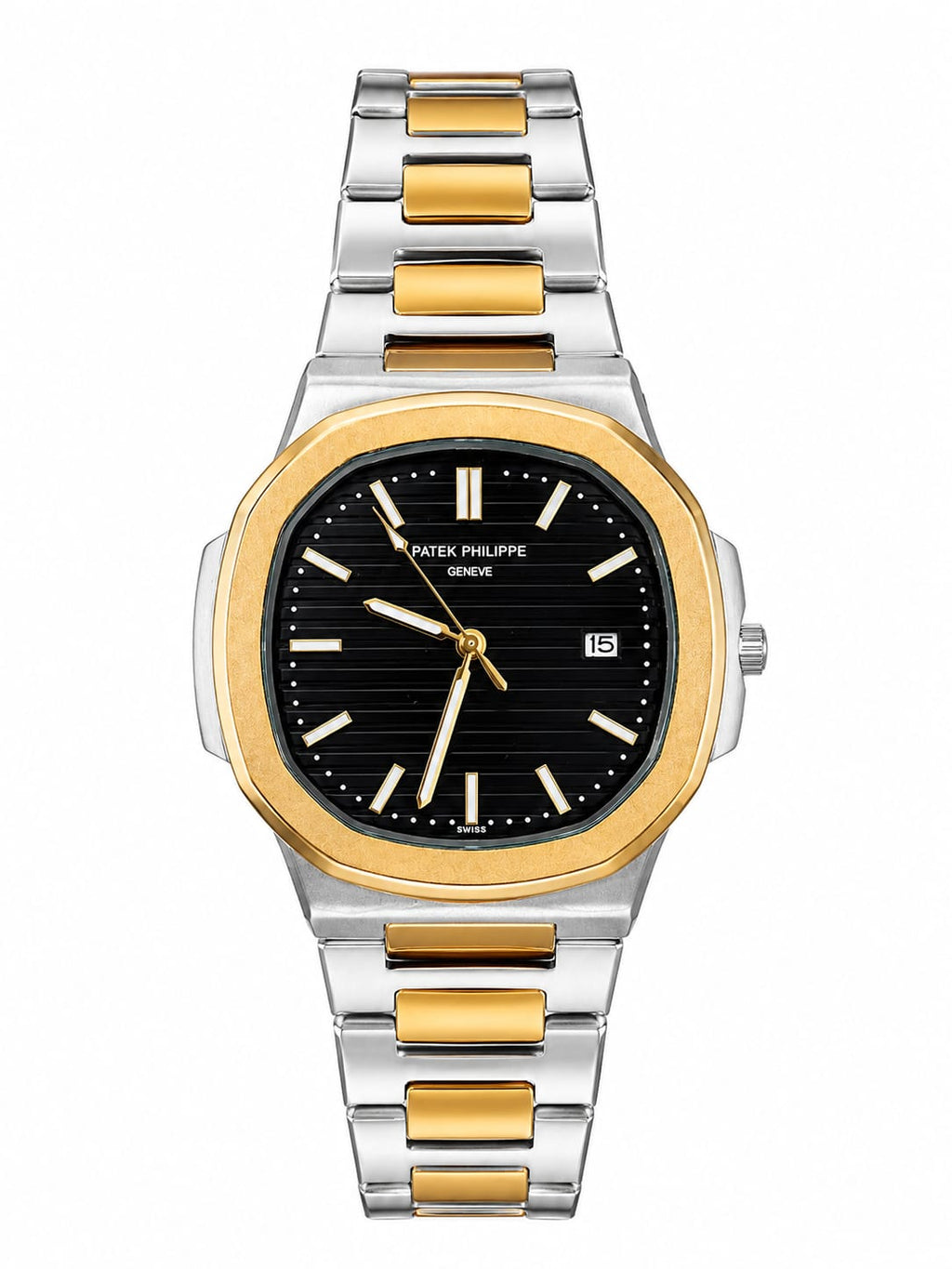 Two tone black and gold luxury watch for men with silver bracelet and black dial