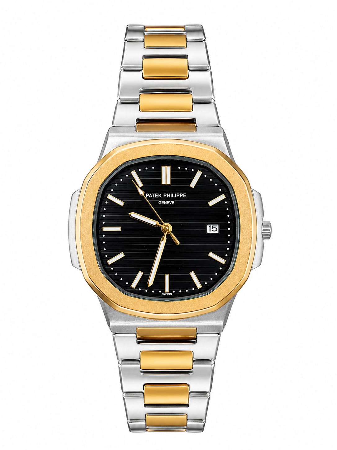Two tone black and gold luxury watch for men with silver bracelet and black dial